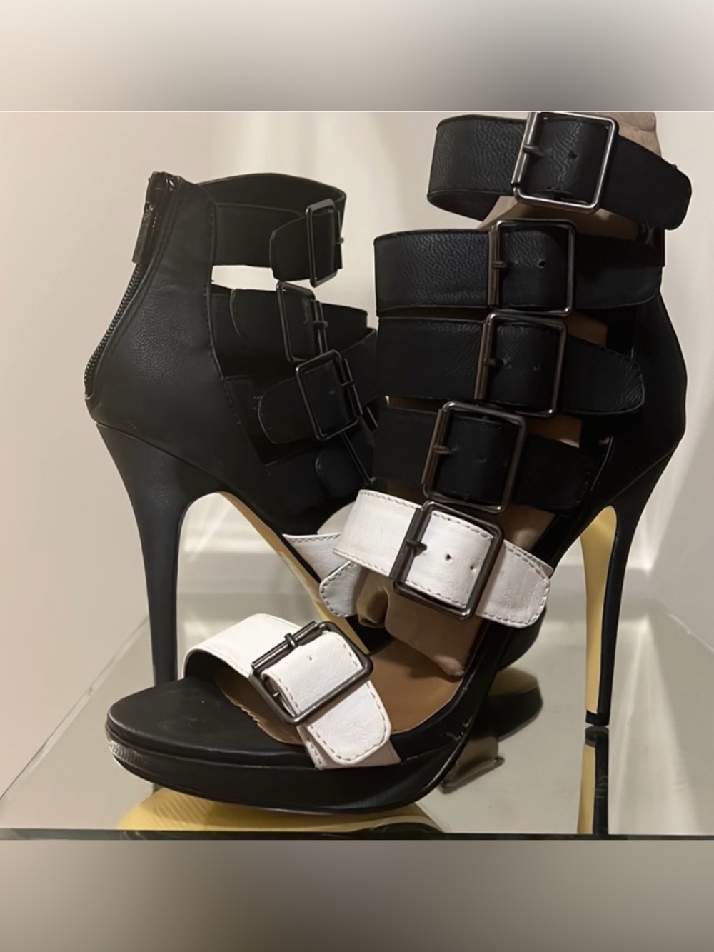 Michael Antonio Black and White Buckle Strappy High Heel Sandals